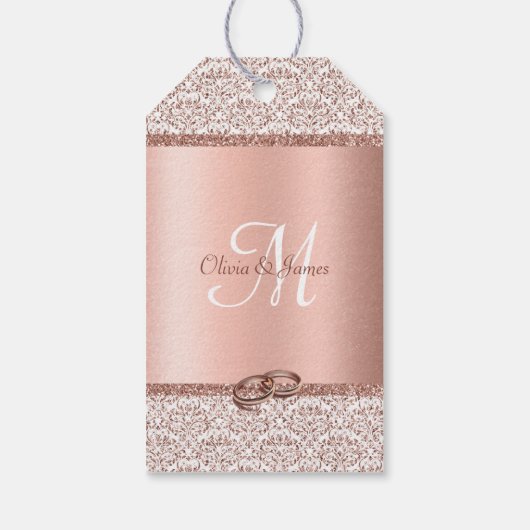 Roos Gold Glitter Damask Weddenschap Hartelijk dan Cadeaulabel (Achterkant)