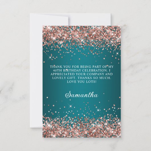 Roos Gold Glitter Dark Turquoise 40e Verjaardag Bedankkaart (Achterkant)