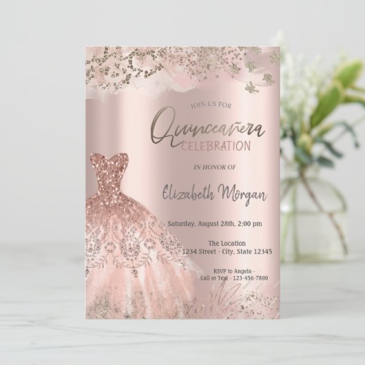 Roos Gold Glitter Diamonds Chic Dress Quinceañera Kaart (Staand voorkant)