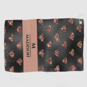 Roos Gold Glitter Diamonds op zwart monogram Golfhanddoek (Horizontaal)