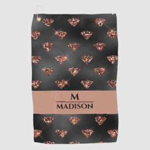 Roos Gold Glitter Diamonds op zwart monogram Golfhanddoek