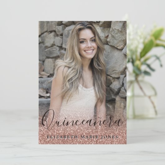 Roos Gold Glitter Dress Foto QUINCEAÑERA Birthday Kaart (Staand voorkant)