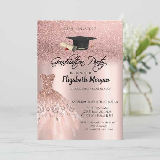 Roos Gold Glitter Dress Gradup Afstuderen Kaart (Staand voorkant)