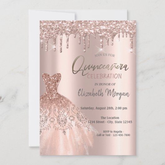 Roos Gold Glitter Drift elegante dress Quinceañera Kaart (Voorkant)