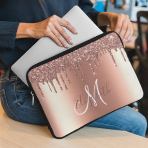 Roos Gold Glitter Drift Metal Monogram Trendy Laptop Sleeve