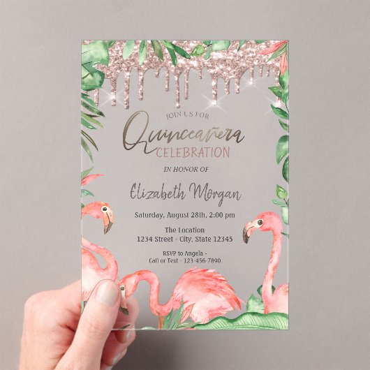 Roos Gold Glitter Drift roze flamingos Quinceañera Acryl Uitnodigingen (Insitu (Draagbaar))