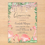 Roos Gold Glitter Drift roze flamingos Quinceañera Acryl Uitnodigingen (Voorkant)