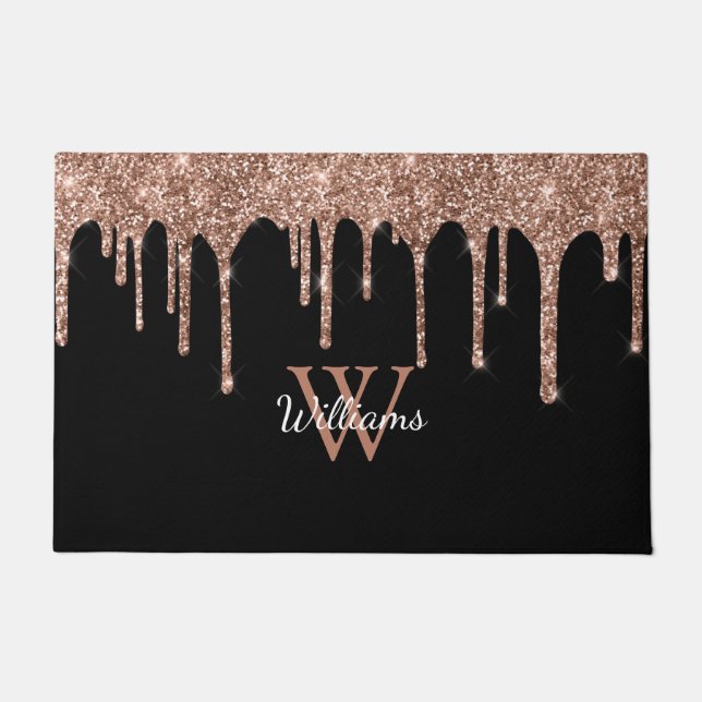 Roos Gold Glitter Drift Sparkle Monogram Naam Deurmat (Voorkant)