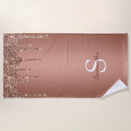 Roos Gold Glitter Drift Sparkle Monogram Naam Strandlaken (Voorkant)