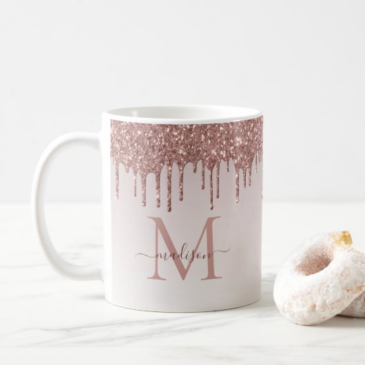 Roos Gold Glitter Drift Sparkle Monogram Script Koffiemok (Met donut)