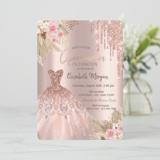 Roos Gold Glitter drijft dress Flowers Quinceañera Kaart (Staand voorkant)
