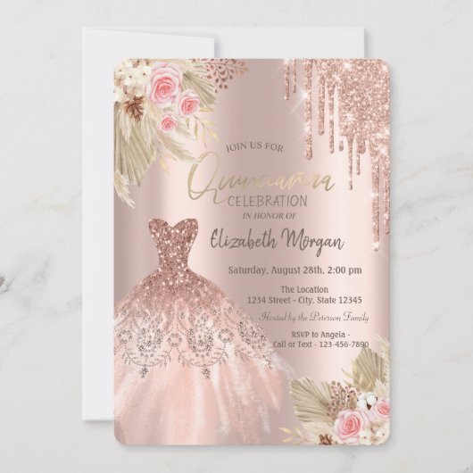 Roos Gold Glitter drijft dress Flowers Quinceañera Kaart (Voorkant)