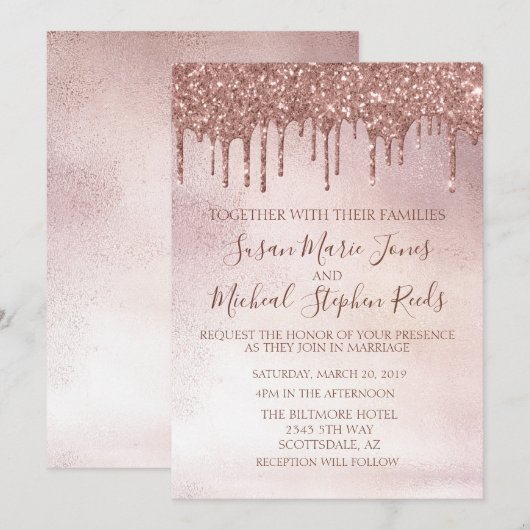 Roos Gold Glitter drijft kalligrafie bruiloft Kaart (Voorkant / Achterkant)