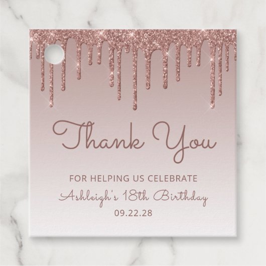 Roos Gold Glitter Drip 18e verjaardag Bedankjes Labels (Voorkant)