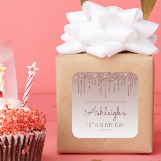 Roos Gold Glitter Drip 18th Birthday Dank u Vierkante Sticker (Feest)