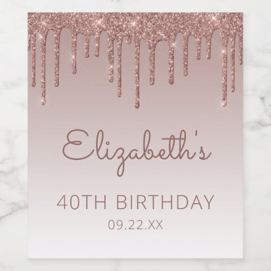 Roos Gold Glitter Drip 40e verjaardag Wijn Etiket (Enkel label)