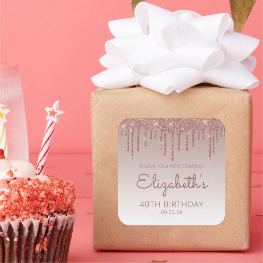 Roos Gold Glitter Drip 40th Birthday Dank u Vierkante Sticker (Feest)