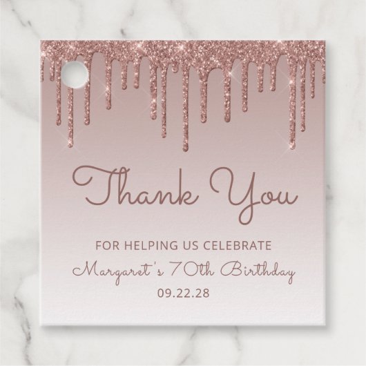 Roos Gold Glitter Drip 70e verjaardag Bedankjes Labels (Voorkant)
