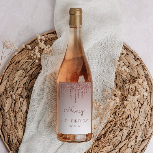 Roos Gold Glitter Drip 80ste verjaardagsfeestje Wijn Etiket