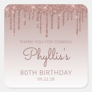 Roos Gold Glitter Drip 80th Birthday Dank u Vierkante Sticker