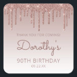Roos Gold Glitter Drip 90th Birthday Dank u Vierkante Sticker<br><div class="desc">Deze chic 90ste verjaardagsfeestje,  dankjewel-jullie stickers,  hebben een gouden gouden faux glitter grens van het roos en een gouden achtergrond van het roos. De woorden "Bedankt voor je komst!" staan in het donkere roos. Pas ze aan met haar naam in handschrift script,  samen met haar verjaardag en datum hieronder.</div>