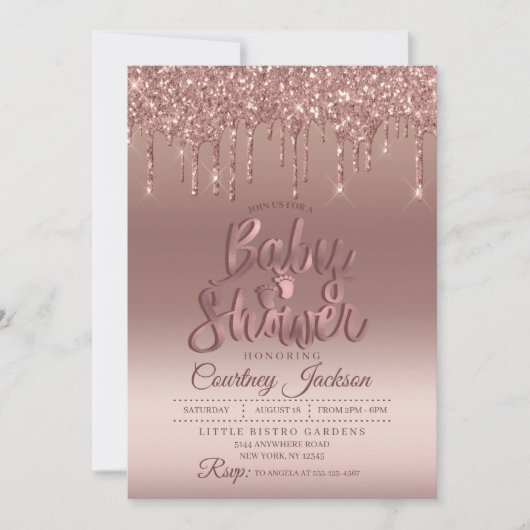 Roos Gold Glitter Drip Baby shower Invitation Kaart (Voorkant)