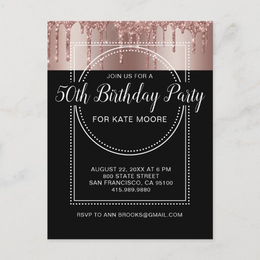 Roos Gold Glitter Drip Black 50th Birthday Uitnodiging Briefkaart (Voorkant)