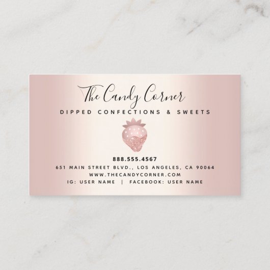 Roos Gold Glitter Drip Confectie Aardbei Zoet Klantenkaartje (Achterkant)