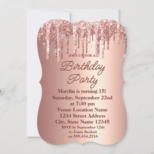 ROOS GOLD GLITTER DRIP ELEGANT BIRTHDAY INVITATION KAART (Voorkant)