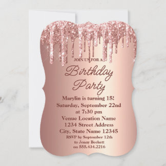 ROOS GOLD GLITTER DRIP ELEGANT BIRTHDAY INVITATION KAART