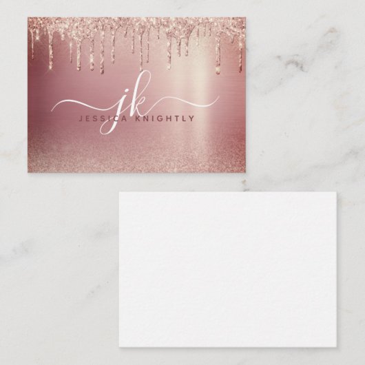 Roos Gold Glitter Drip Elegant Monogram Initiaal Notitiekaartje (Voorkant / Achterkant)