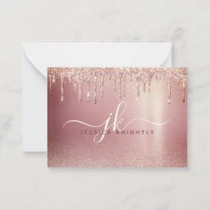 Roos Gold Glitter Drip Elegant Monogram Initiaal Notitiekaartje