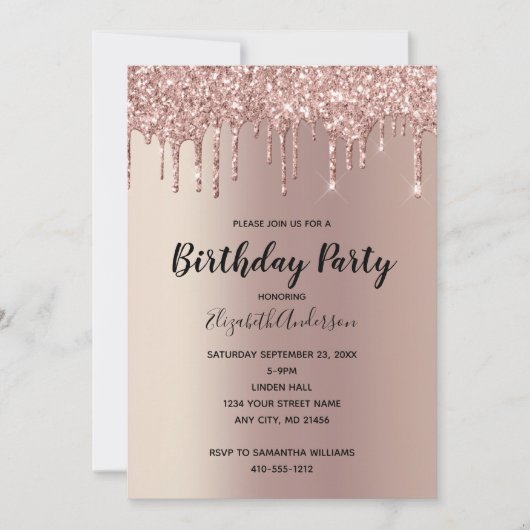 Roos Gold Glitter Drip Glam Trendy Birthday Kaart (Voorkant)