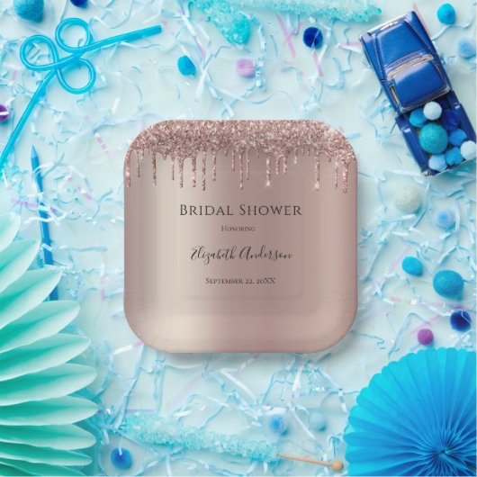 Roos Gold Glitter Drip Glam Trendy Vrijgezellenfee Papieren Bordje (Feest)