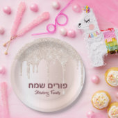 Roos Gold Glitter Drip Hebreeuws Happy Purim Papieren Bordje (Feest)