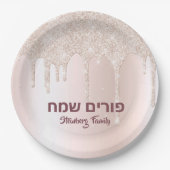 Roos Gold Glitter Drip Hebreeuws Happy Purim Papieren Bordje (Voorkant)