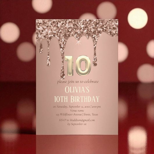 Roos Gold Glitter Drip Meisje Meisje 10e Verjaarda Kaart