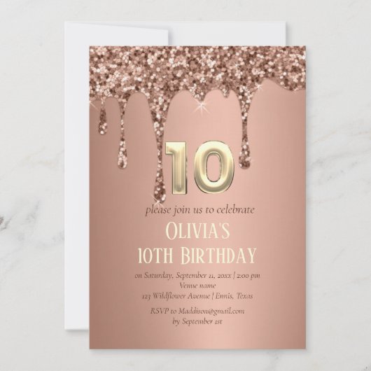 Roos Gold Glitter Drip Meisje Meisje 10e Verjaarda Kaart (Voorkant)