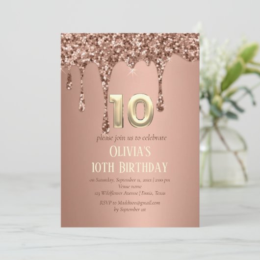 Roos Gold Glitter Drip Meisje Meisje 10e Verjaarda Kaart (Staand voorkant)