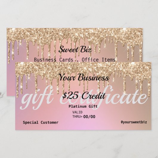 Roos Gold Glitter Drip Ombre Gift Certificate Bedankkaart (Voorkant / Achterkant)