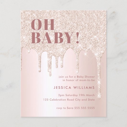 Roos Gold Glitter Drip Pink Girl Baby shower I (Voorkant)