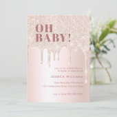 Roos Gold Glitter Drip Roze Meisje Oh Baby shower Kaart (Staand voorkant)