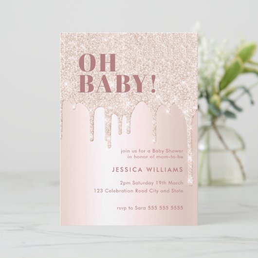 Roos Gold Glitter Drip Roze Meisje Oh Baby shower Kaart (Staand voorkant)