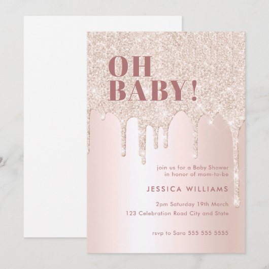 Roos Gold Glitter Drip Roze Meisje Oh Baby shower Kaart (Voorkant / Achterkant)