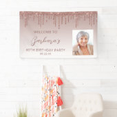 Roos Gold Glitter Drip Script Foto 80th Birthday Spandoek (Insitu)