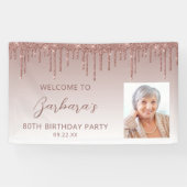 Roos Gold Glitter Drip Script Foto 80th Birthday Spandoek (Horizontaal)