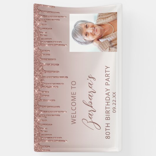 Roos Gold Glitter Drip Script Foto 80th Birthday Spandoek (Verticaal)