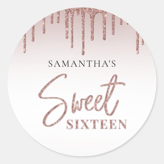 Roos Gold Glitter Drip Script Sweet 16 Verjaardag Ronde Sticker (Voorkant)