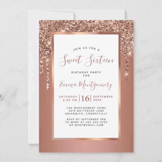 Roos Gold Glitter Drip Sweet 16 Birthday Party Kaart (Voorkant)