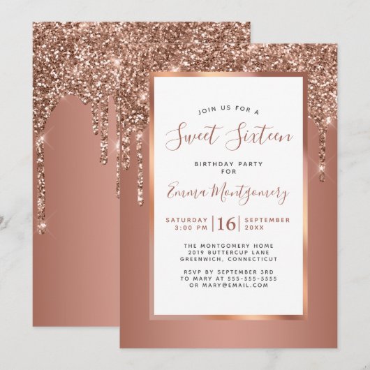 Roos Gold Glitter Drip Sweet 16 Birthday Party Kaart (Voorkant / Achterkant)